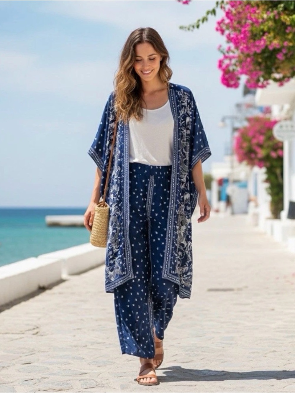 Max Studio London Navy Floral Boho Kimono & Wide Leg Pants
Set